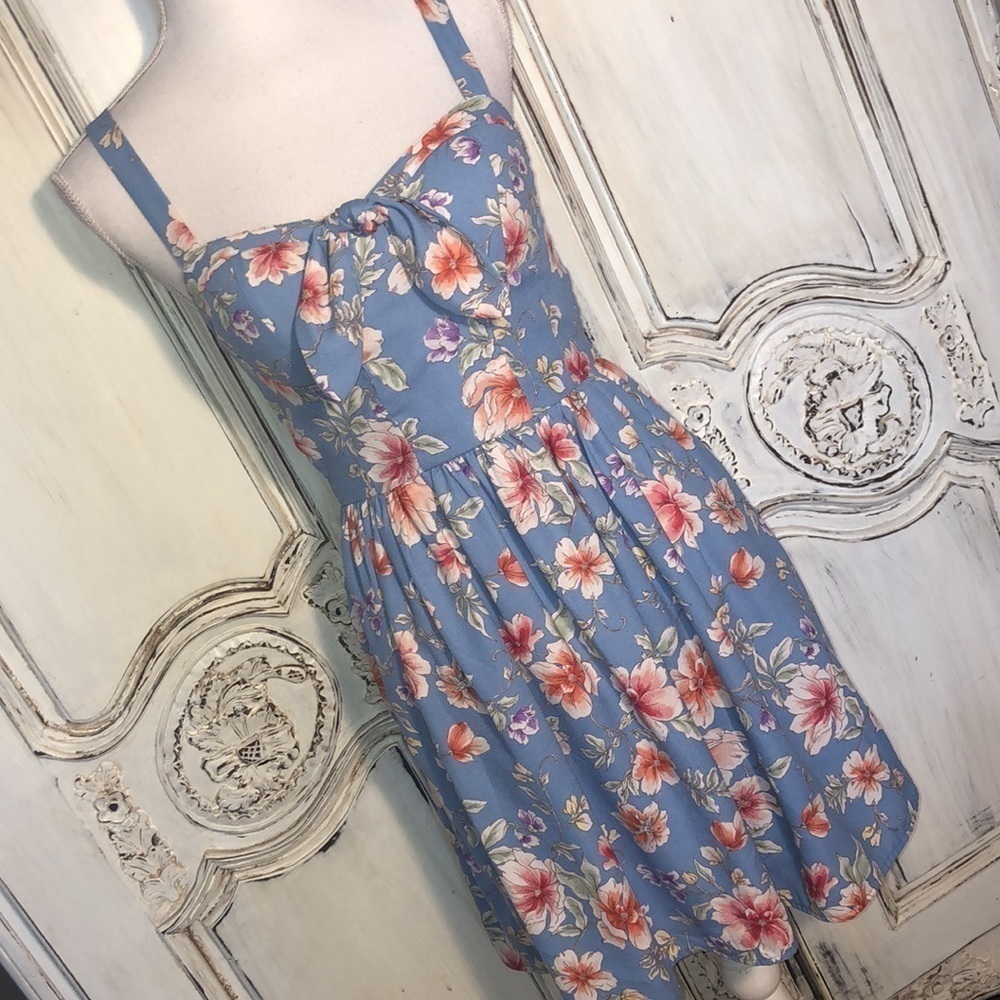 Pinup 50’s FairyCore Coastal Cowgirl Style Blue Floral Strap Dress Size XS - Picture 2 of 11